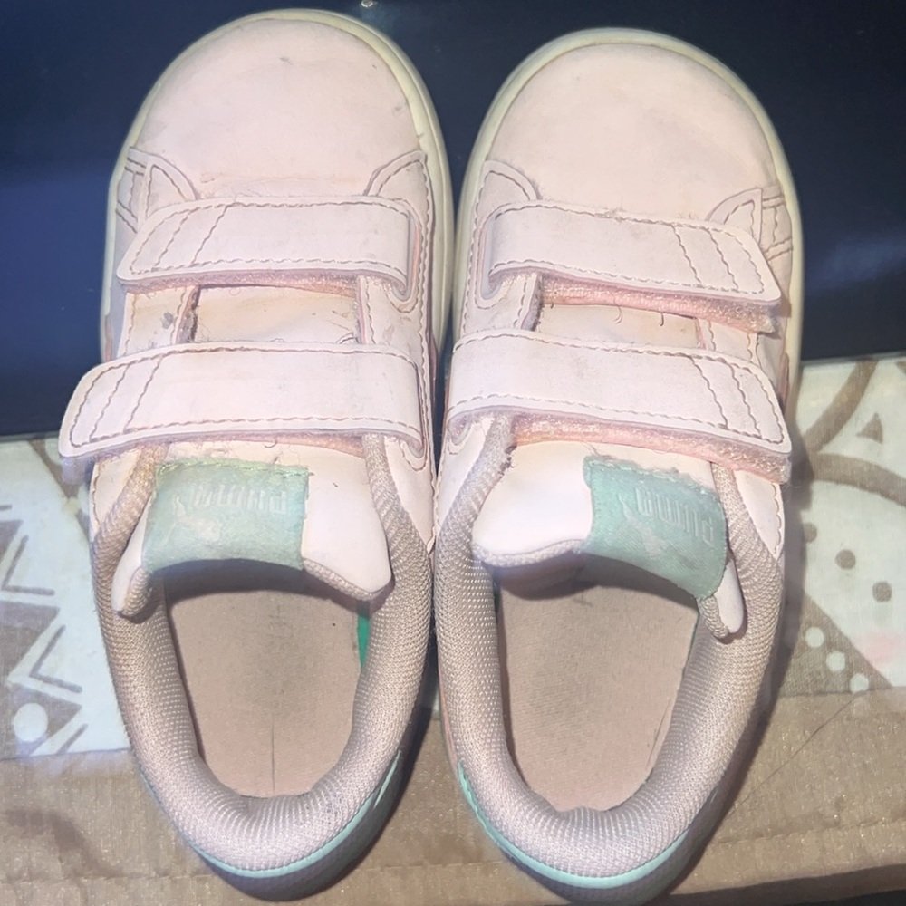 Puma Pink Sneakers with Velcro Straps no filters only flash for lighting.